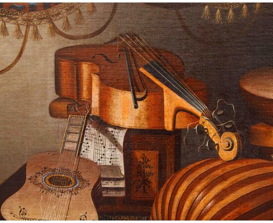 Bonaventura Bettera (1663-1718 post), Natura morta con strumenti musicali, spartito e tappeto