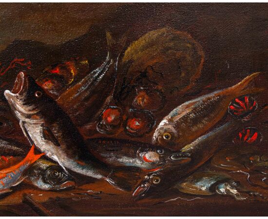 XVII secolo, seguace di Giuseppe Recco (Napoli,1634- Alicante,1695), Natura morta di pesci, calamari, ostriche e coralli sulla spiaggia