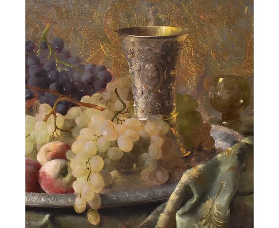 DIPINTI ANTICHI, NATURA MORTA CON FRUTTA, UVA E PESCHE, OLIO SU TELA, XIX SECOLO. (QNM659)