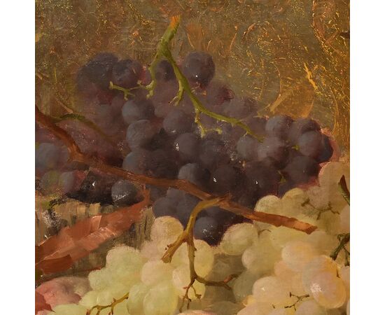 DIPINTI ANTICHI, NATURA MORTA CON FRUTTA, UVA E PESCHE, OLIO SU TELA, XIX SECOLO. (QNM659)