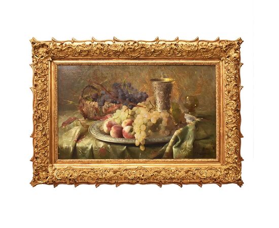 DIPINTI ANTICHI, NATURA MORTA CON FRUTTA, UVA E PESCHE, OLIO SU TELA, XIX SECOLO. (QNM659)