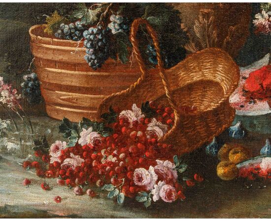 Gaspare Lopez (Napoli, 1650 ca. - Firenze, 1732), Natura morta con fiori, piatto e otre