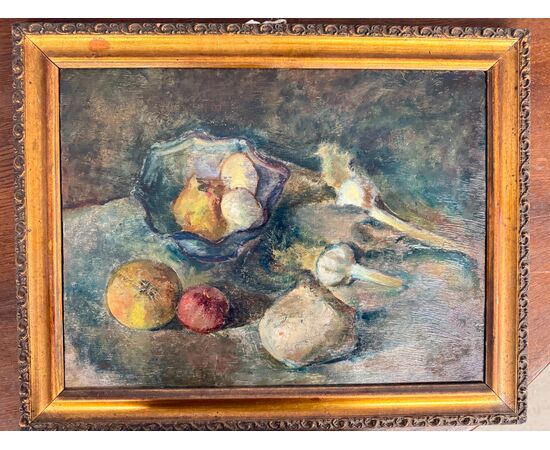 Antico dipinto ad olio, Manfredini, 1944, Trieste, natura morta, 47x38 cm