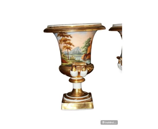 Coppia di Vasi a Cratere in Porcellana Vecchia Parigi con Paesaggi 1800