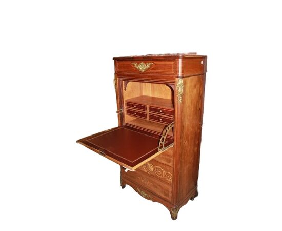 Bellissimo Secretaire Carlo X in legno di Palissandro riccamente intarsiato