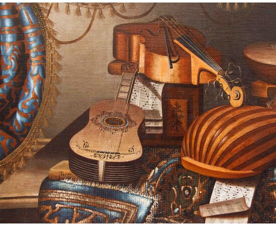 Bonaventura Bettera (1663-1718 post), Natura morta con strumenti musicali, spartito e tappeto