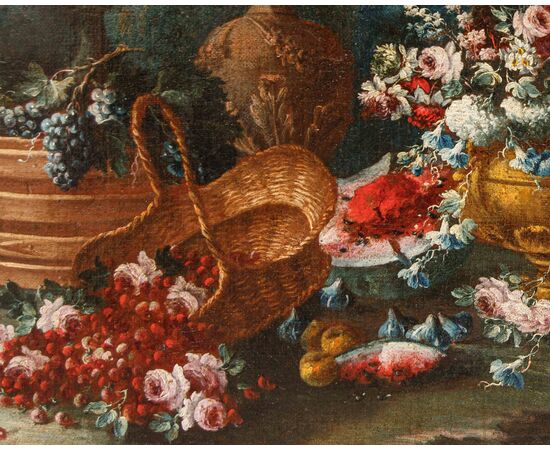 Gaspare Lopez (Napoli, 1650 ca. - Firenze, 1732), Natura morta con fiori, piatto e otre