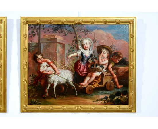 Coppia di dipinti raffiguranti l’Allegoria della Primavera con putti e l’Allegoria dell’Autunno con putti, Vittorio Amedeo Rapos, 1786