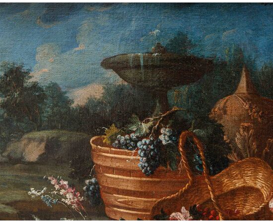 Gaspare Lopez (Napoli, 1650 ca. - Firenze, 1732), Natura morta con fiori, piatto e otre
