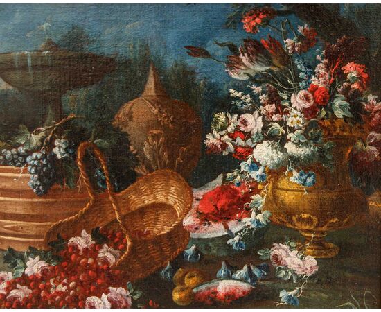 Gaspare Lopez (Napoli, 1650 ca. - Firenze, 1732), Natura morta con fiori, piatto e otre