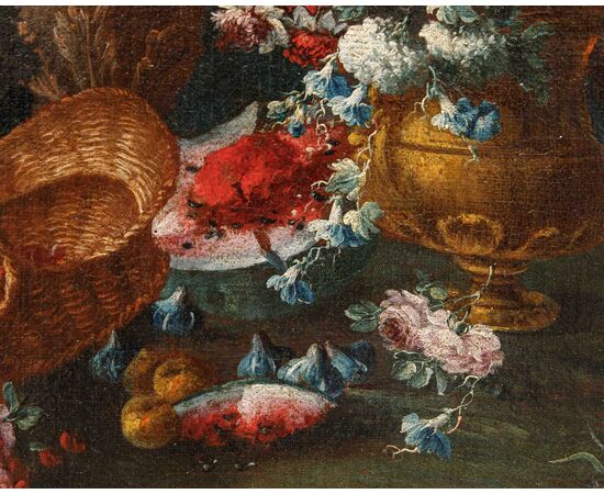 Gaspare Lopez (Napoli, 1650 ca. - Firenze, 1732), Natura morta con fiori, piatto e otre
