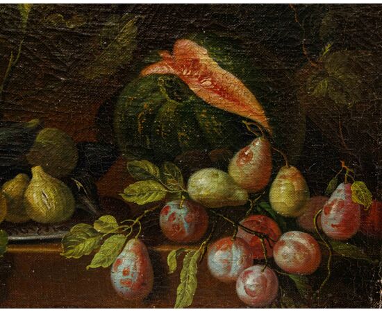 Scuola romana, XVII secolo, Natura morta con zucca, pere e fichi