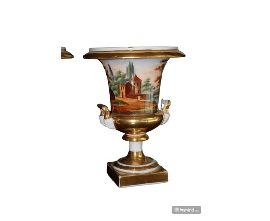 Coppia di Vasi a Cratere in Porcellana Vecchia Parigi con Paesaggi 1800