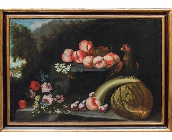 Maestro del XVIII secolo, Natura morta con pappagallo, frutta e fiori
