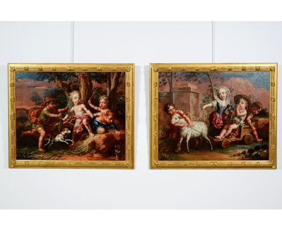 Coppia di dipinti raffiguranti l’Allegoria della Primavera con putti e l’Allegoria dell’Autunno con putti, Vittorio Amedeo Rapos, 1786