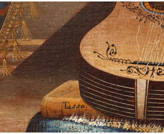 Bonaventura Bettera (1663-1718 post), Natura morta con strumenti musicali, spartito e tappeto