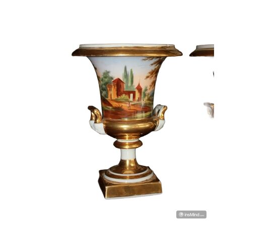 Coppia di Vasi a Cratere in Porcellana Vecchia Parigi con Paesaggi 1800