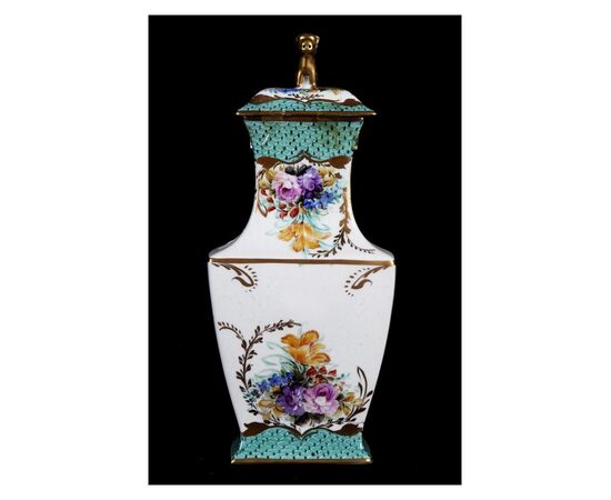 Vaso con coperchio in porcellana Limoges bianca e verde