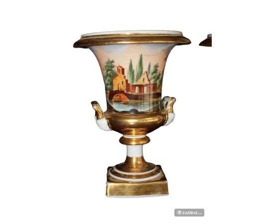 Coppia di Vasi a Cratere in Porcellana Vecchia Parigi con Paesaggi 1800
