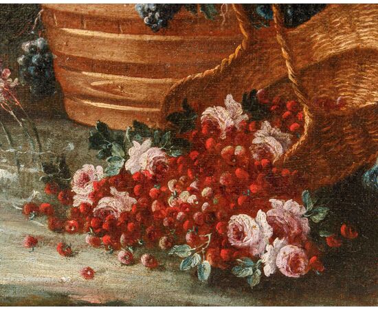 Gaspare Lopez (Napoli, 1650 ca. - Firenze, 1732), Natura morta con fiori, piatto e otre
