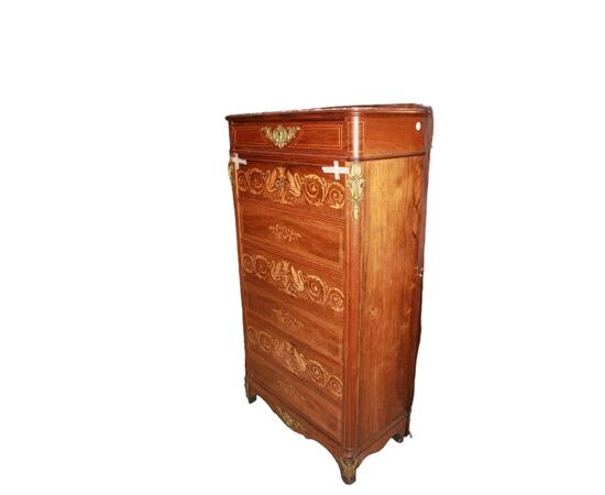 Bellissimo Secretaire Carlo X in legno di Palissandro riccamente intarsiato