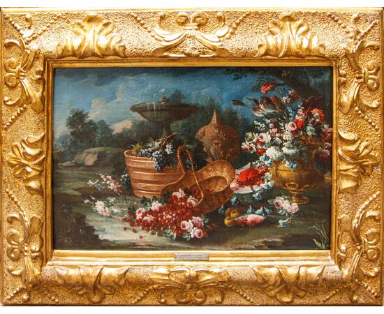 Gaspare Lopez (Napoli, 1650 ca. - Firenze, 1732), Natura morta con fiori, piatto e otre