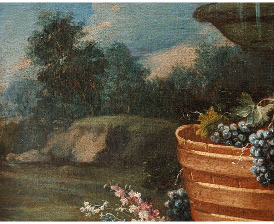 Gaspare Lopez (Napoli, 1650 ca. - Firenze, 1732), Natura morta con fiori, piatto e otre