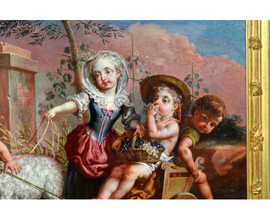 Coppia di dipinti raffiguranti l’Allegoria della Primavera con putti e l’Allegoria dell’Autunno con putti, Vittorio Amedeo Rapos, 1786