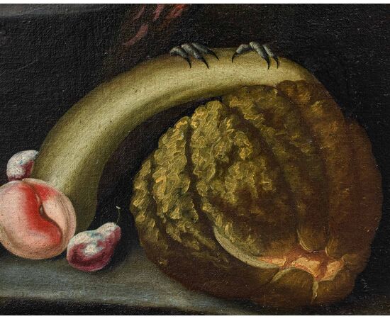 Maestro del XVIII secolo, Natura morta con pappagallo, frutta e fiori