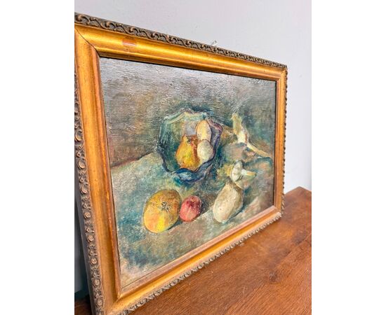 Antico dipinto ad olio, Manfredini, 1944, Trieste, natura morta, 47x38 cm