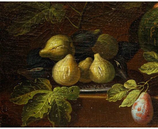 Scuola romana, XVII secolo, Natura morta con zucca, pere e fichi