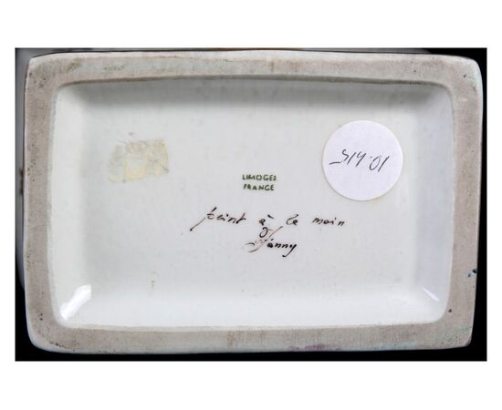 Vaso con coperchio in porcellana Limoges bianca e verde