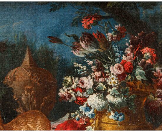 Gaspare Lopez (Napoli, 1650 ca. - Firenze, 1732), Natura morta con fiori, piatto e otre