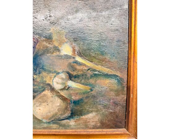 Antico dipinto ad olio, Manfredini, 1944, Trieste, natura morta, 47x38 cm
