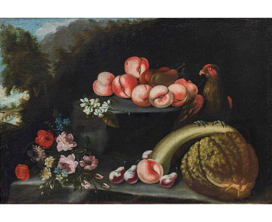 Maestro del XVIII secolo, Natura morta con pappagallo, frutta e fiori