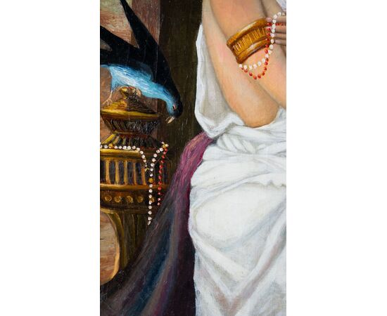 Dama con gioielli e gazza ladra – Olio su tela – metà XIX secolo