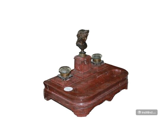 Calamaio Francese in Marmo Rosso Francia del 1800 con mezzo busto in bronzo
