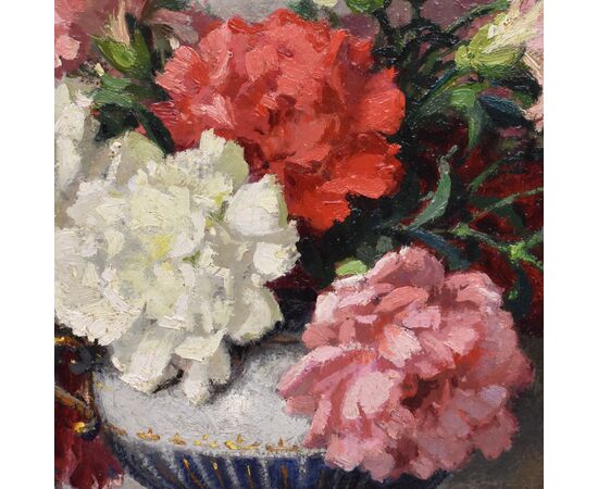 QUADRI ANTICHI, ART DECO, NATURA MORTA CON FIORI DI GAROFANI, OLIO SU TELA, XX SECOLO. (QF663)