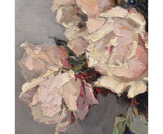 QUADRI ANTICHI, ART DECO, NATURA MORTA CON FIORI DI ROSE BIANCHE, OLIO SU TELA, XX SECOLO. (QF664)