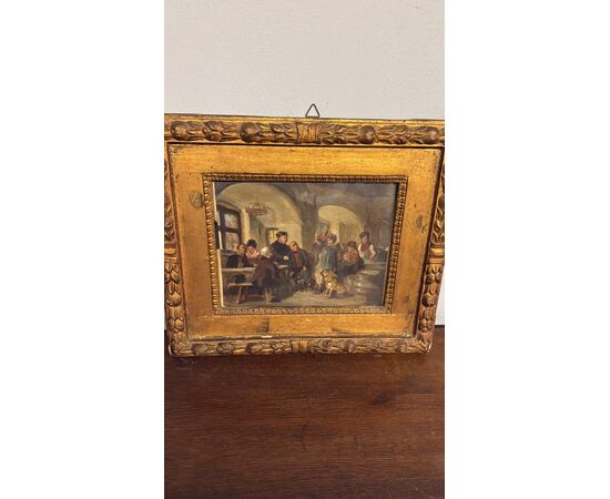 Antico dipinto ad olio su carta XIX Romberg in cornice antica, 43x34 cm, raffigurante osteria