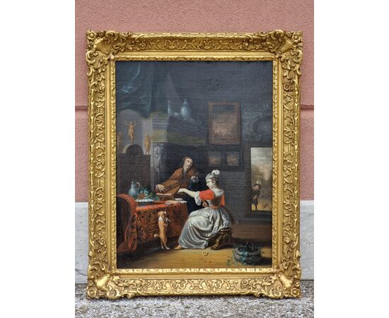 Interno elegante con gentiluomo musicista, dama e cane – Scuola olandese del XVII secolo