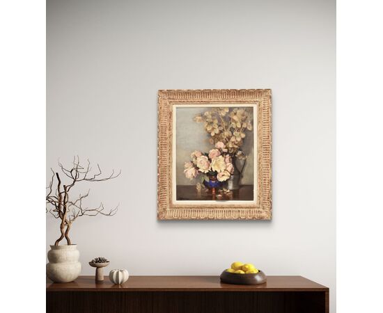 QUADRI ANTICHI, ART DECO, NATURA MORTA CON FIORI DI ROSE BIANCHE, OLIO SU TELA, XX SECOLO. (QF664)