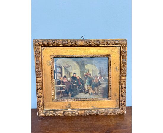 Antico dipinto ad olio su carta XIX Romberg in cornice antica, 43x34 cm, raffigurante osteria