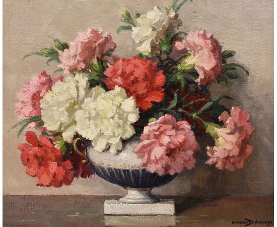 QUADRI ANTICHI, ART DECO, NATURA MORTA CON FIORI DI GAROFANI, OLIO SU TELA, XX SECOLO. (QF663)
