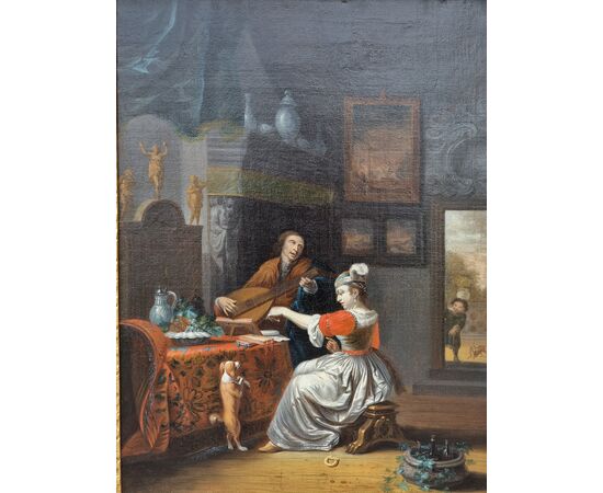 Interno elegante con gentiluomo musicista, dama e cane – Scuola olandese del XVII secolo