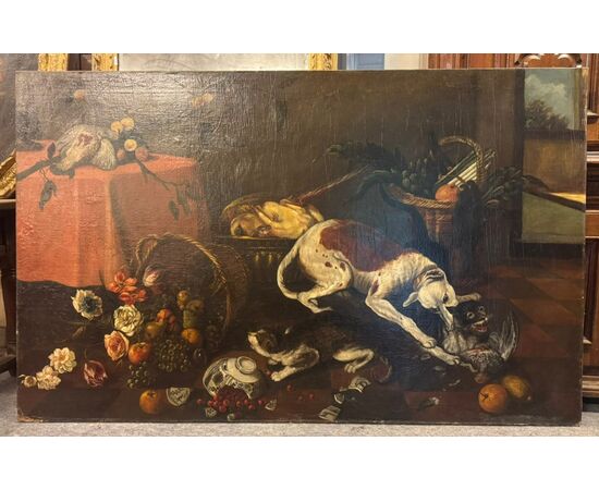 PAN432 - Dipinto olio su tela che ritrae un gatto e un cane che combattono, epoca '6/'700, misure cm L 200 x H 125