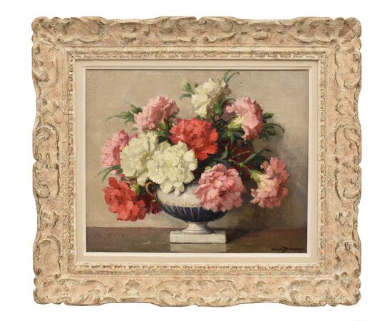 QUADRI ANTICHI, ART DECO, NATURA MORTA CON FIORI DI GAROFANI, OLIO SU TELA, XX SECOLO. (QF663)