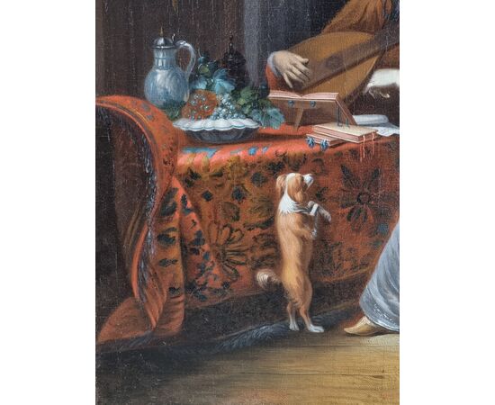 Interno elegante con gentiluomo musicista, dama e cane – Scuola olandese del XVII secolo