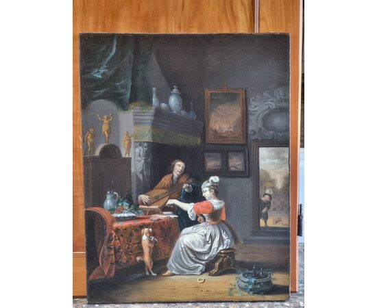 Interno elegante con gentiluomo musicista, dama e cane – Scuola olandese del XVII secolo