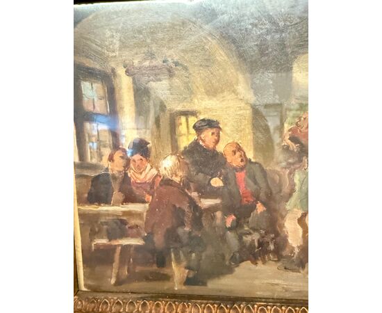 Antico dipinto ad olio su carta XIX Romberg in cornice antica, 43x34 cm, raffigurante osteria